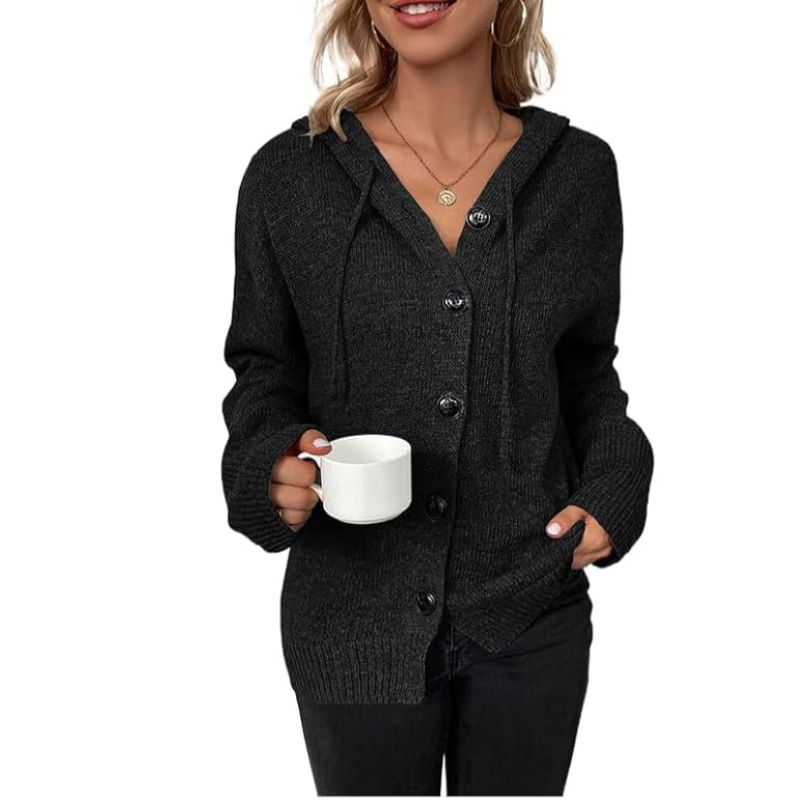 Hooded Cardigan Sweater for Women with Button Front and Drawstring in Black, front view 2