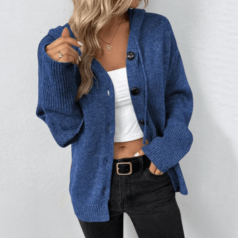 Hooded Cardigan Sweater for Women with Button Front and Drawstring in Blue, front view