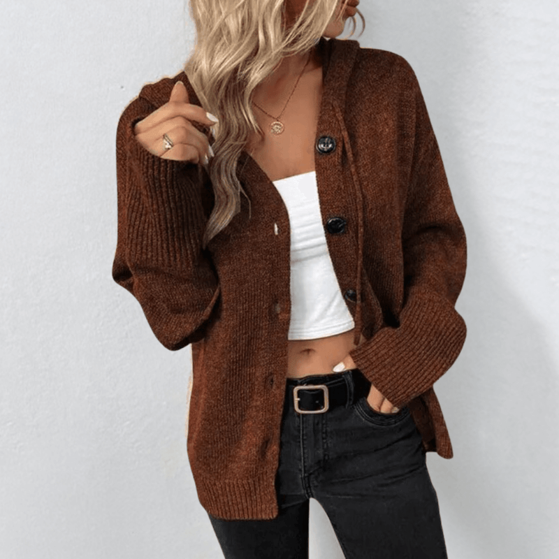 Hooded Cardigan Sweater for Women with Button Front and Drawstring in Brown, front view