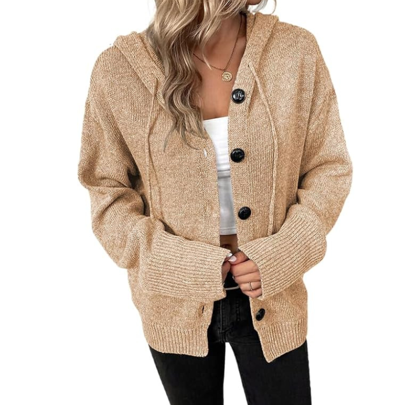 Hooded Cardigan Sweater for Women with Button Front and Drawstring, front view