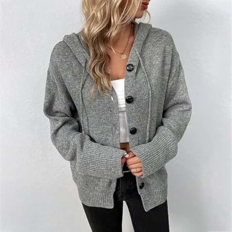 Hooded Cardigan Sweater for Women with Button Front and Drawstring in Gray, front view 2