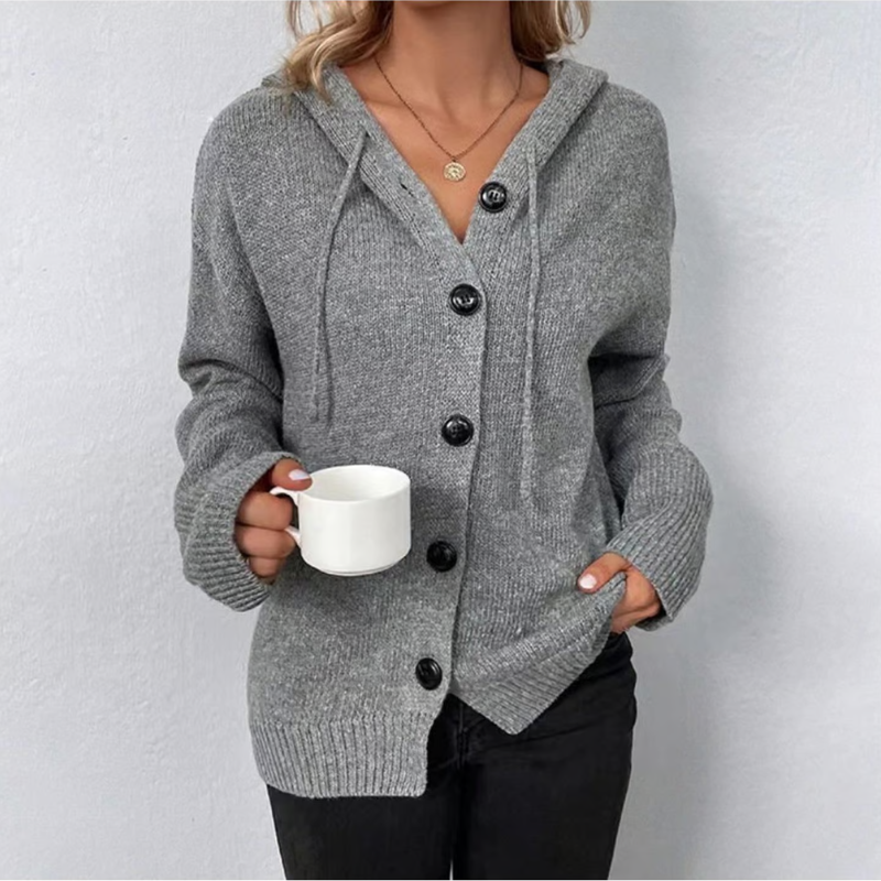 Hooded Cardigan Sweater for Women with Button Front and Drawstring in Gray, front view 3