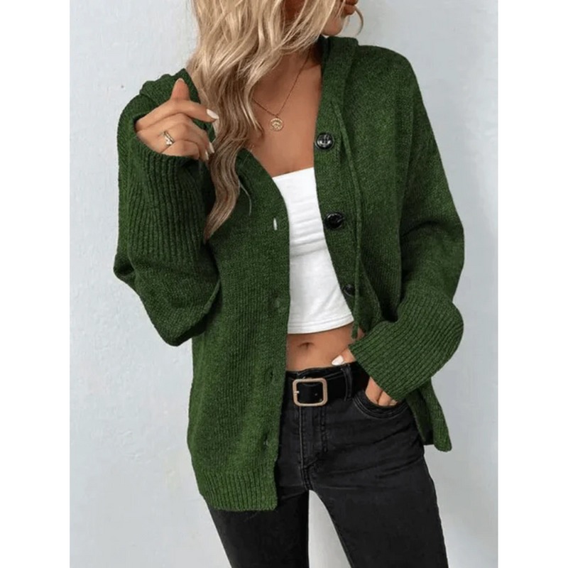 Hooded Cardigan Sweater for Women with Button Front and Drawstring in Green, front view