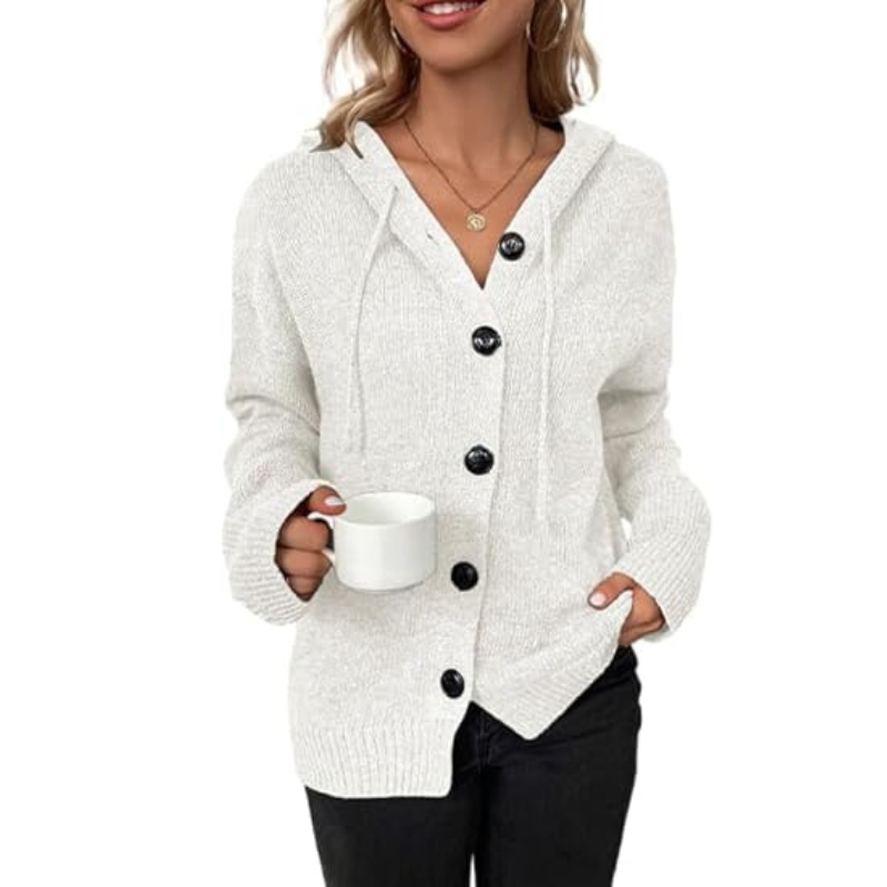 Hooded Cardigan Sweater for Women with Button Front and Drawstring in White, front view 2