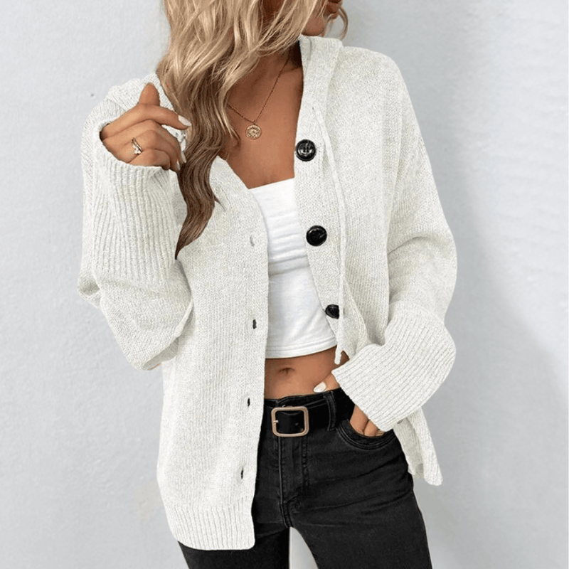 Hooded Cardigan Sweater for Women with Button Front and Drawstring in White, front view