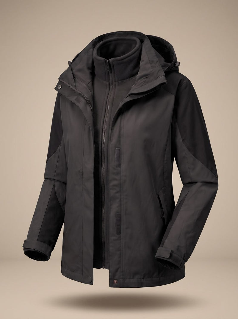 3-in-1 Hooded Rain Jacket for Women with Removable Fleece Liner in Black, open front view