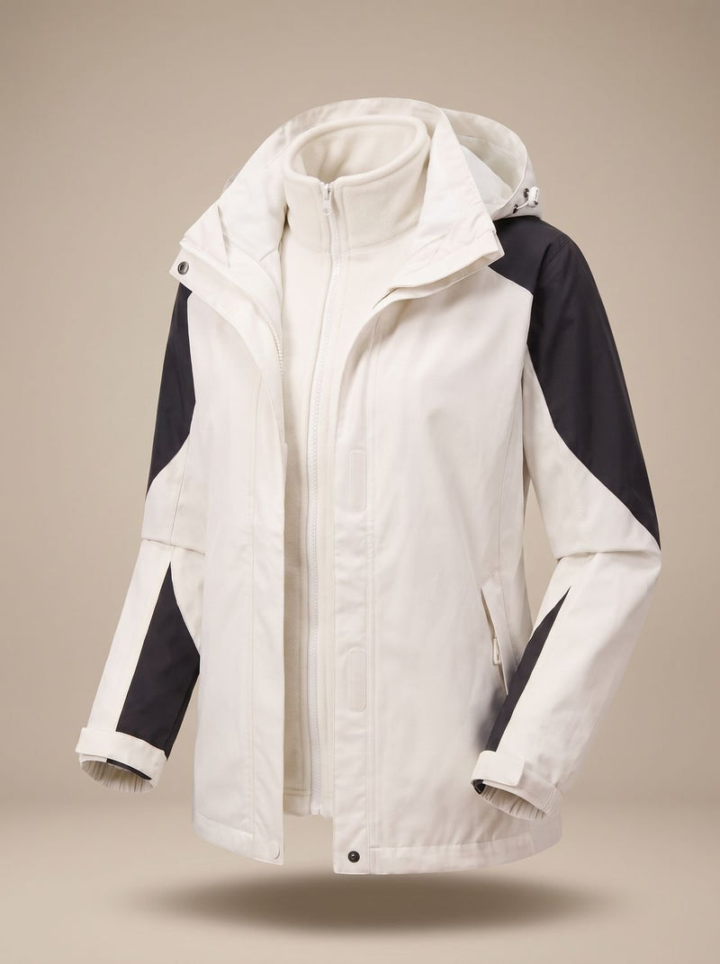 3-in-1 Hooded Rain Jacket for Women with Removable Fleece Liner in Ivory, open front view