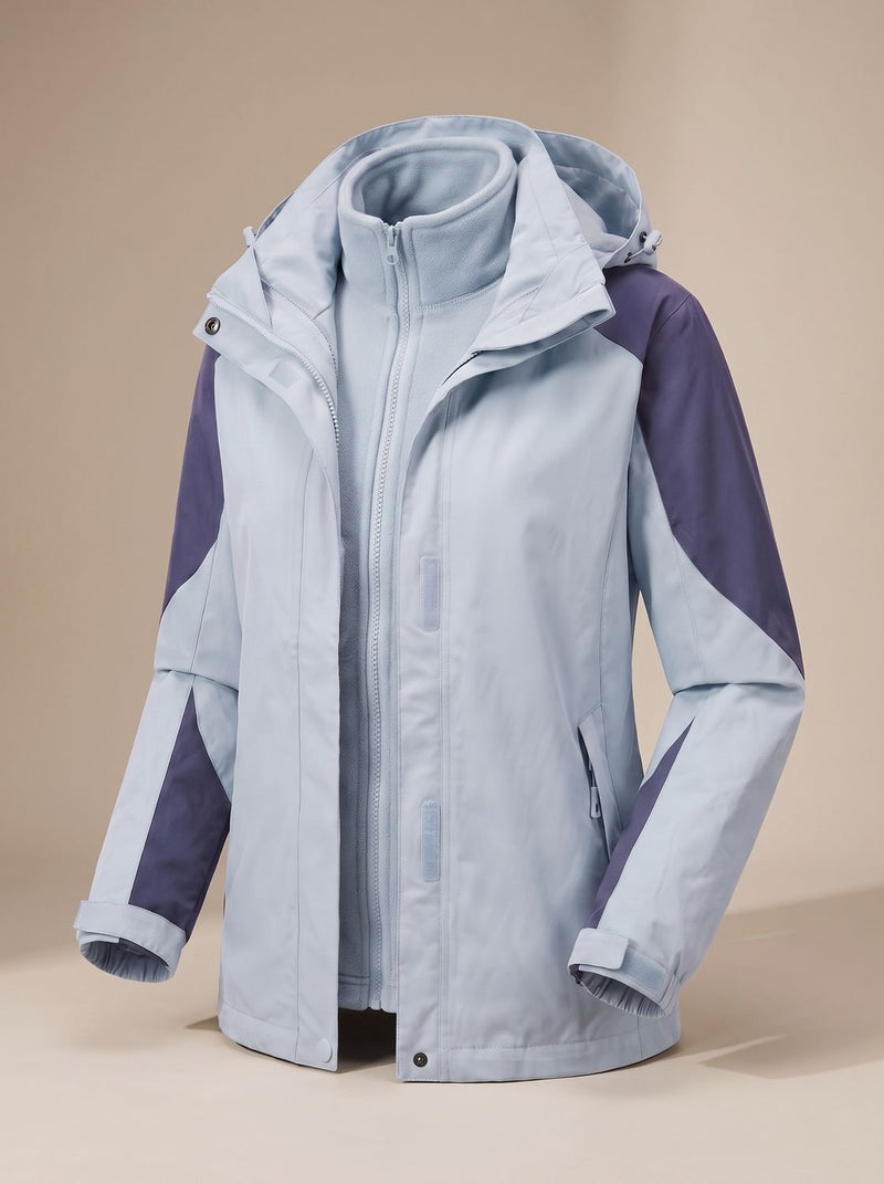 3-in-1 Hooded Rain Jacket for Women with Removable Fleece Liner in Light Blue, open front view