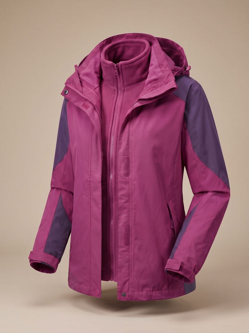 3-in-1 Hooded Rain Jacket for Women with Removable Fleece Liner in Magenta, open front view