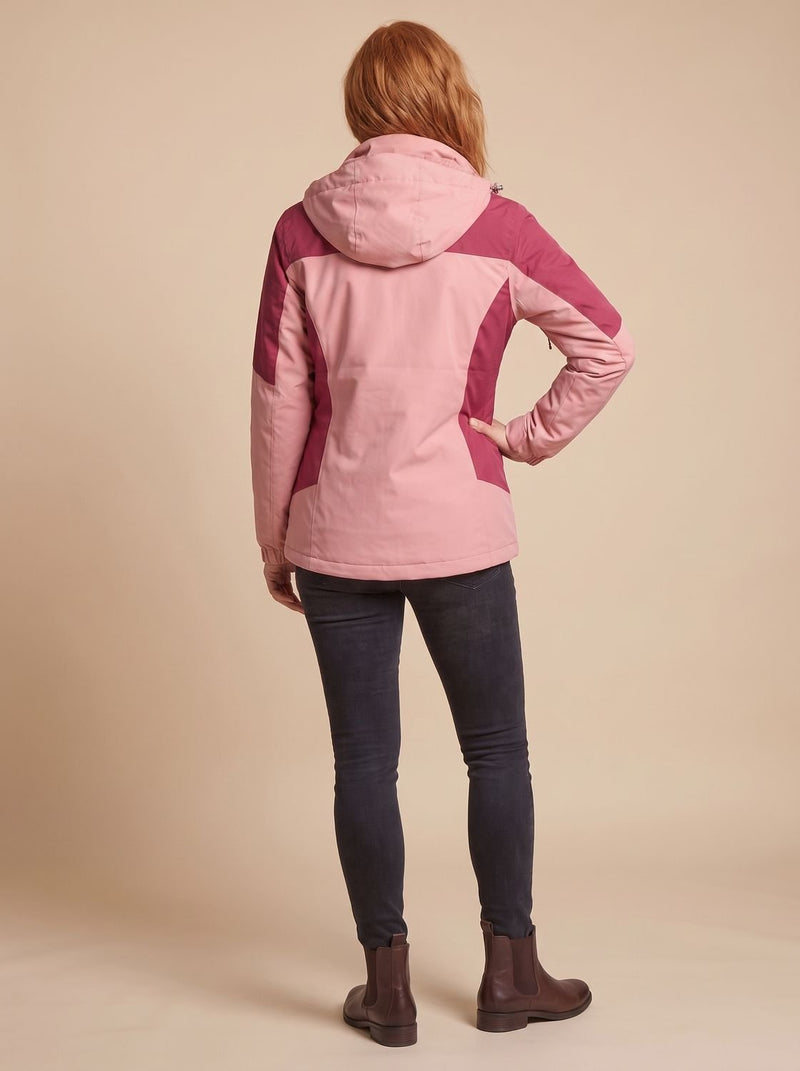 3-in-1 Hooded Rain Jacket for Women with Removable Fleece Liner in Pink, back view