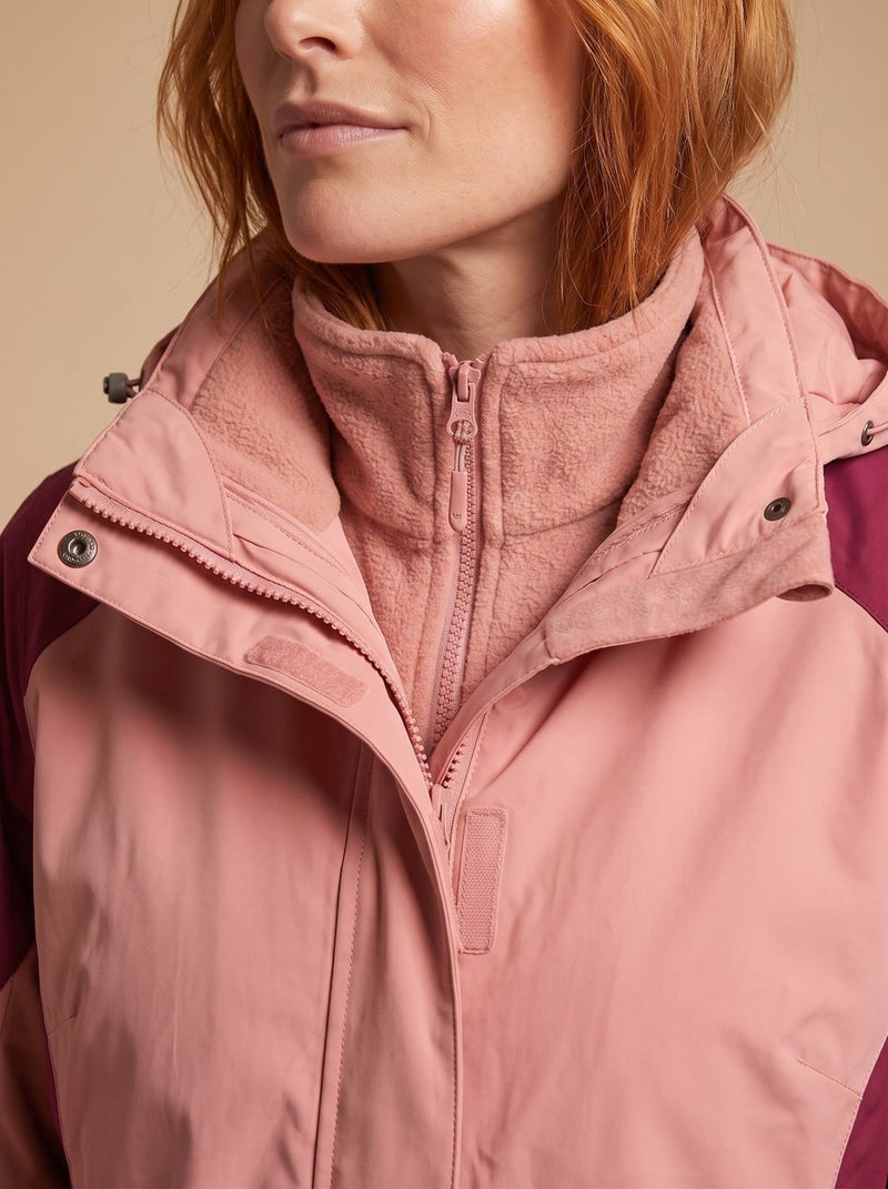 3-in-1 Hooded Rain Jacket for Women with Removable Fleece Liner in Pink, fleece collar detail