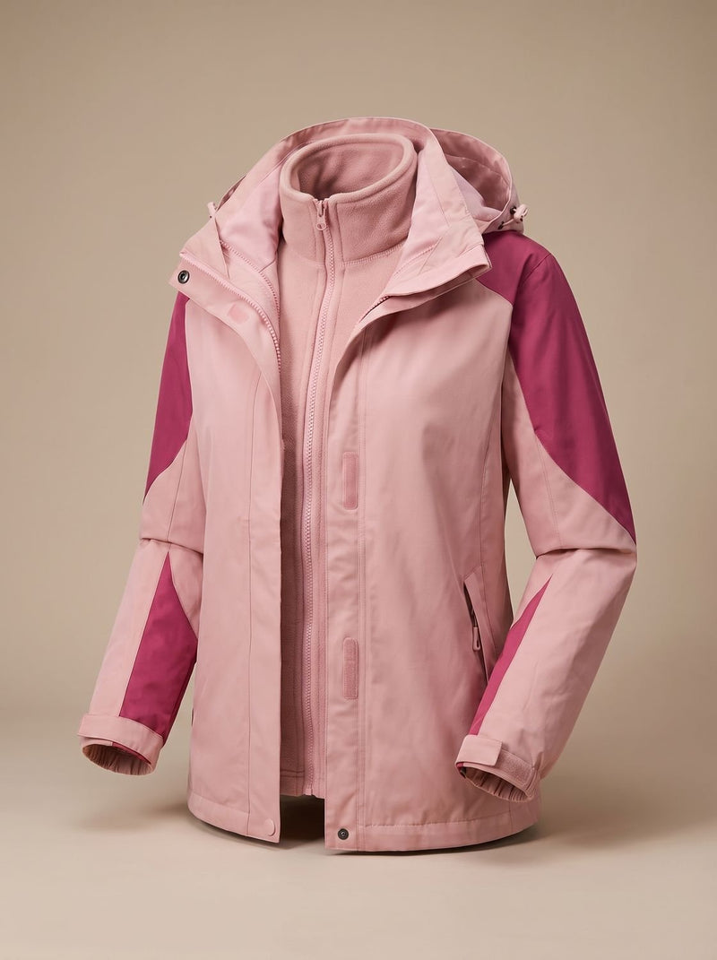 3-in-1 Hooded Rain Jacket for Women with Removable Fleece Liner in Pink, open front view
