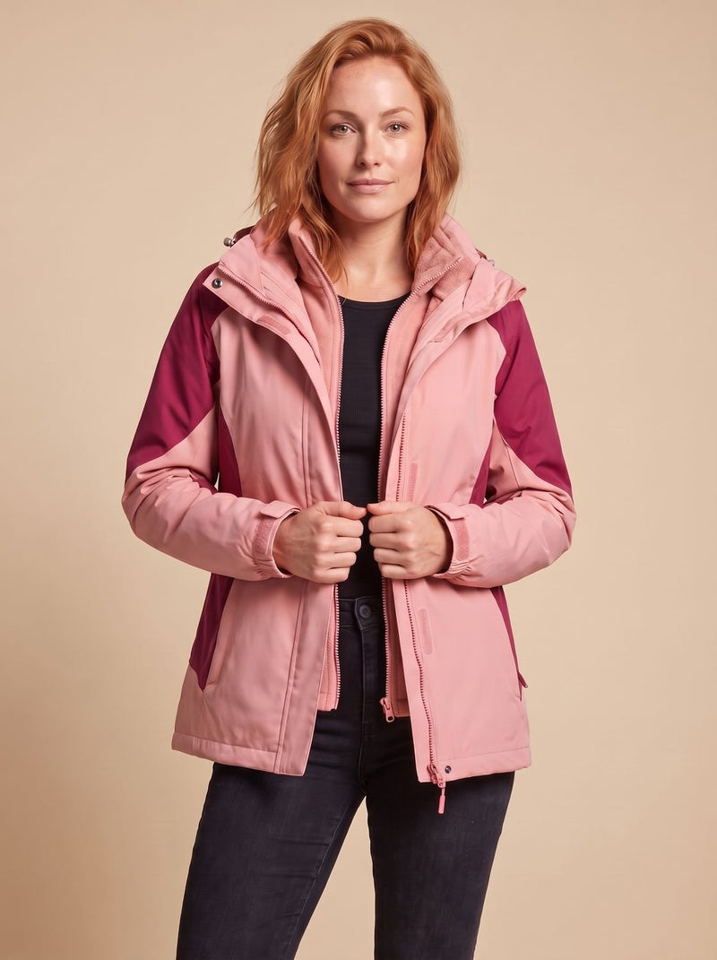 3-in-1 Hooded Rain Jacket for Women with Removable Fleece Liner in Pink, styled view