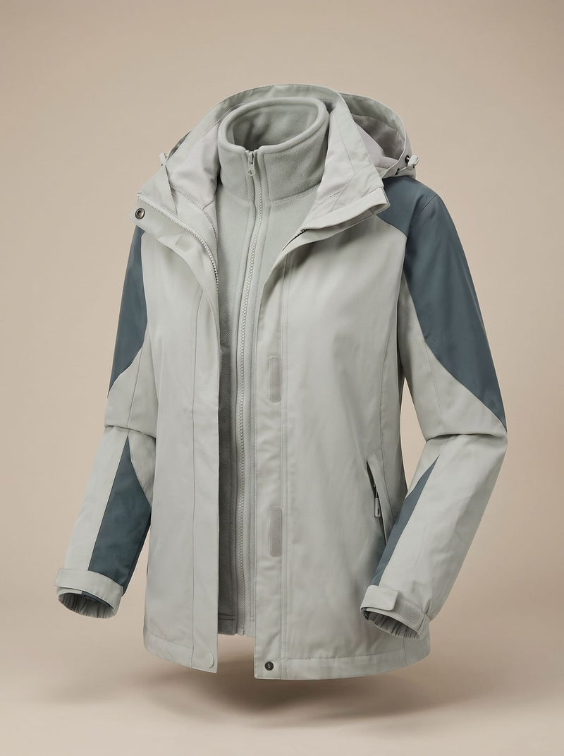 3-in-1 Hooded Rain Jacket for Women with Removable Fleece Liner in Sage Green, open front view