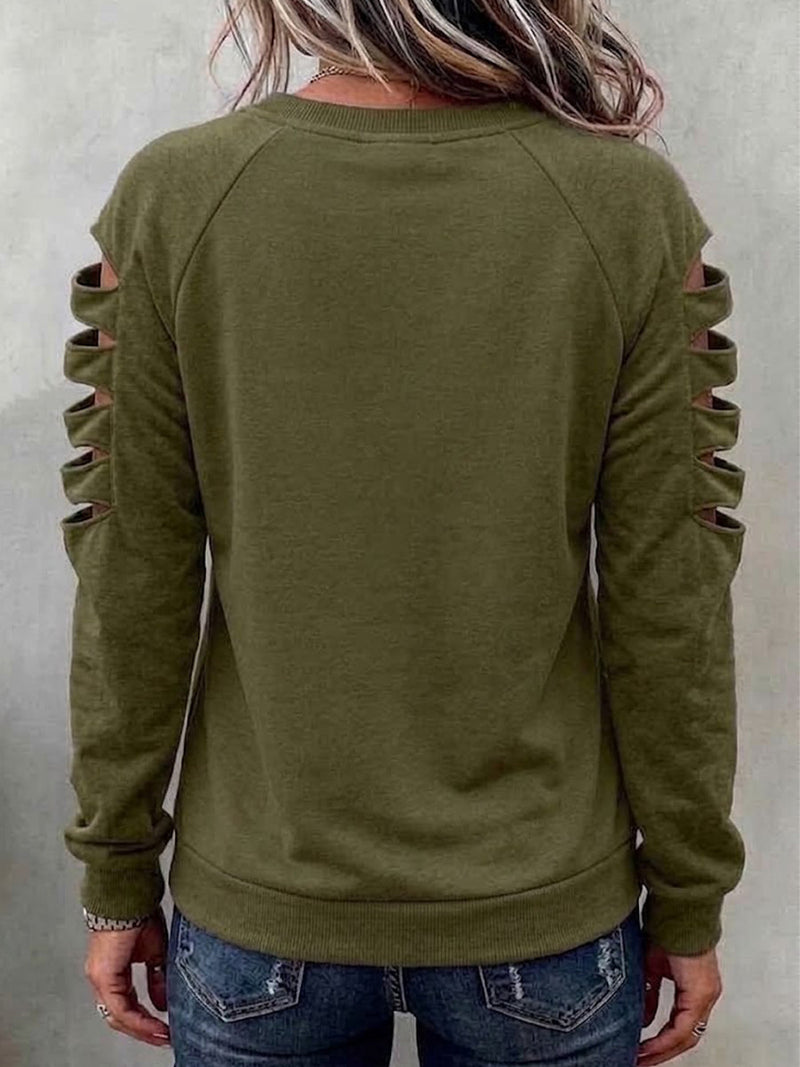 Leopard Print Sweatshirt for Women with Cut Out Sleeves and Crew Neck in Olive Green, back view