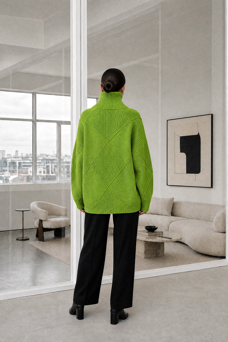 Sabrina | Turtleneck Sweater in Green, studio back view
