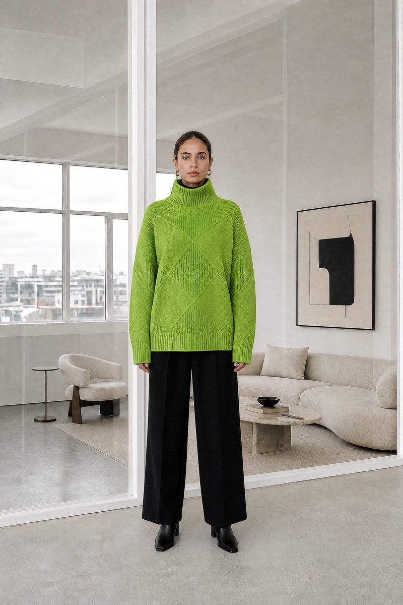 Sabrina | Turtleneck Sweater in Green, studio front view