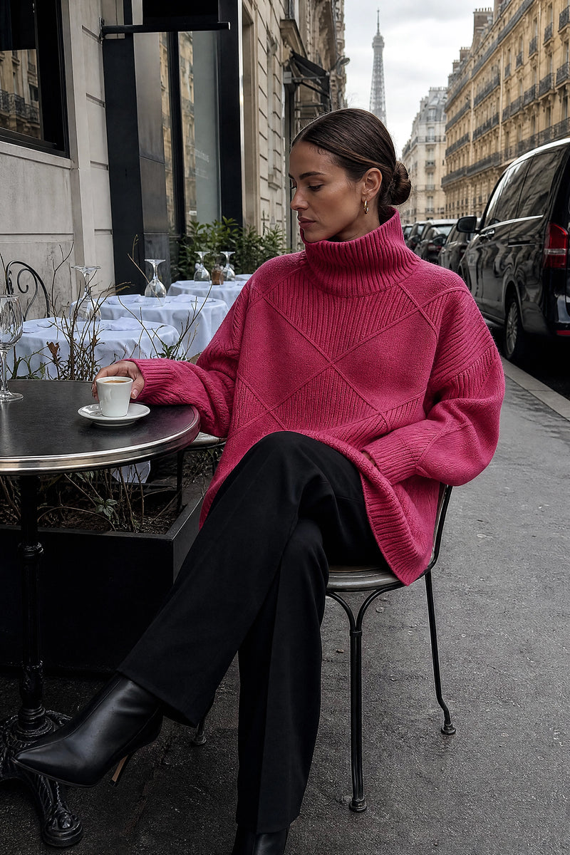 SOFAINE-V7-LIFE-Sabrina | Turtleneck Sweater in Rose, café scene