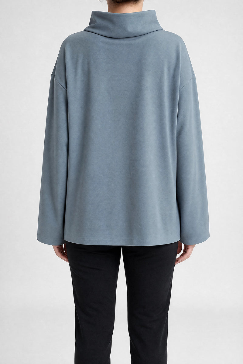 Sofaine Sage women's sweater in Blue, back view studio shot