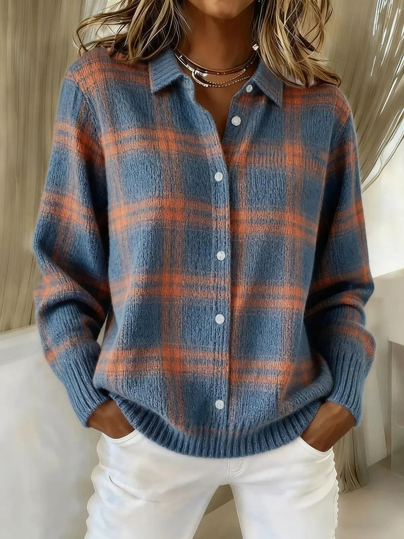 Plaid Knit Cardigan for Women with Shirt Collar and Button Front in Blue and Orange, front view