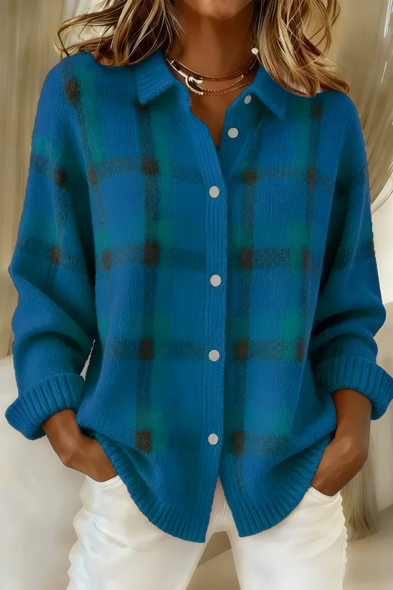 Plaid Knit Cardigan for Women with Shirt Collar and Button Front in Blue, front view