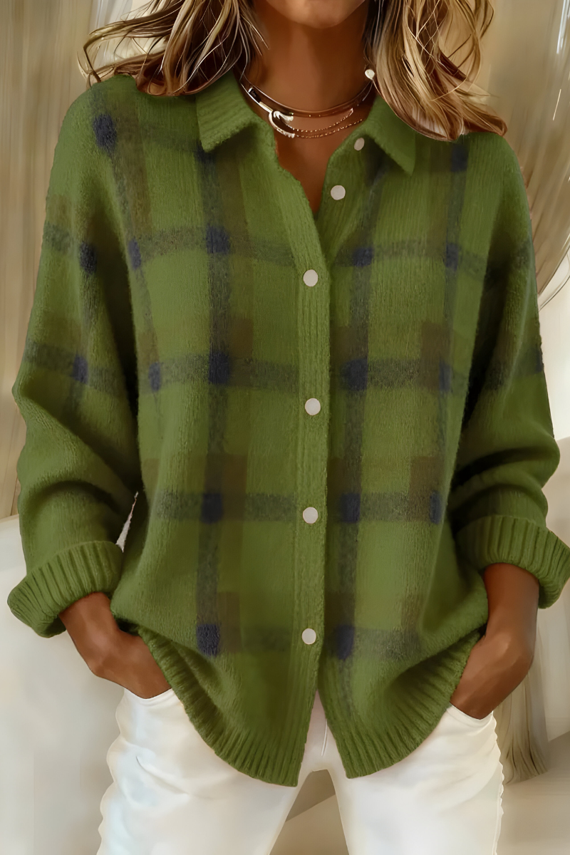 Plaid Knit Cardigan for Women with Shirt Collar and Button Front in Green, front view