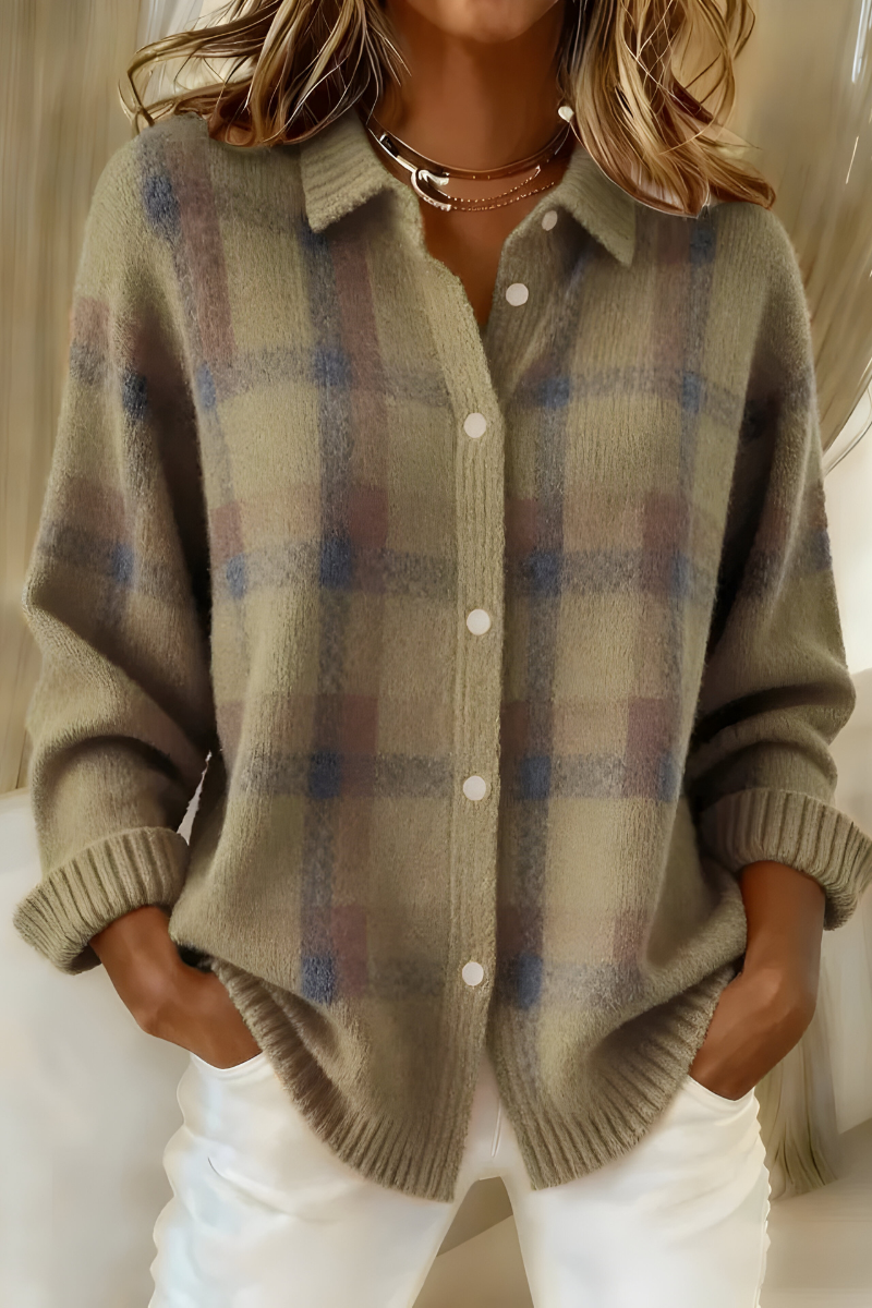 Plaid Knit Cardigan for Women with Shirt Collar and Button Front in Khaki, front view