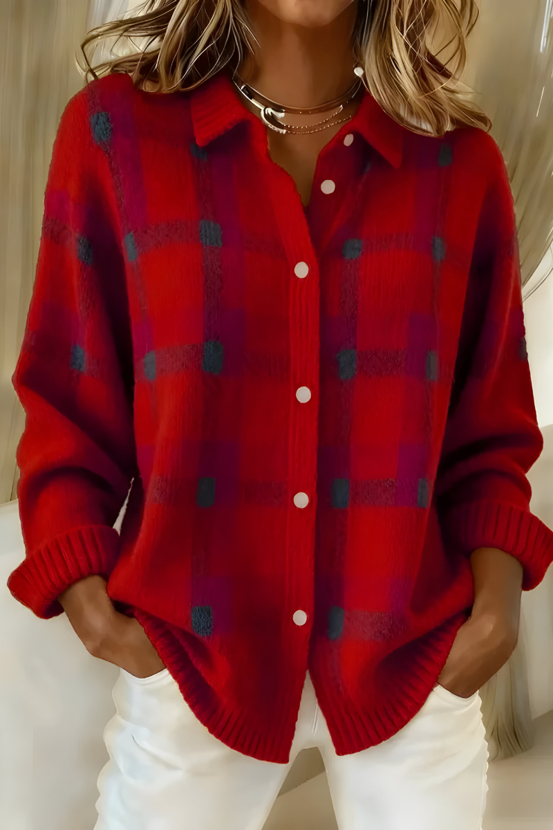 Plaid Knit Cardigan for Women with Shirt Collar and Button Front in Red, front view