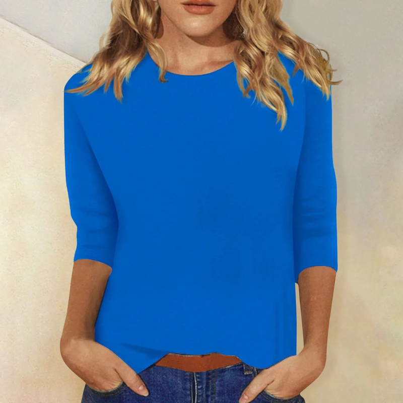 Basic 3/4 Sleeve Top for Women with Crew Neck and Regular Fit in Blue, front view