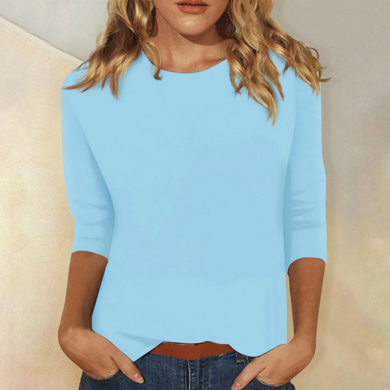 Basic 3/4 Sleeve Top for Women with Crew Neck and Regular Fit in Light Blue, front view