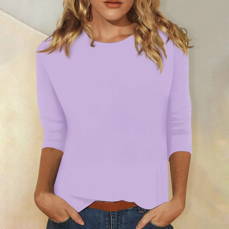 Basic 3/4 Sleeve Top for Women with Crew Neck and Regular Fit in Purple, front view