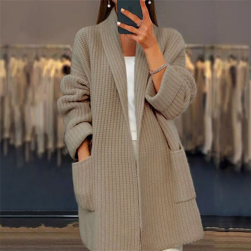 Chunky Ribbed Knit Cardigan for Women with Shawl Collar and Front Pockets in Brown, front view