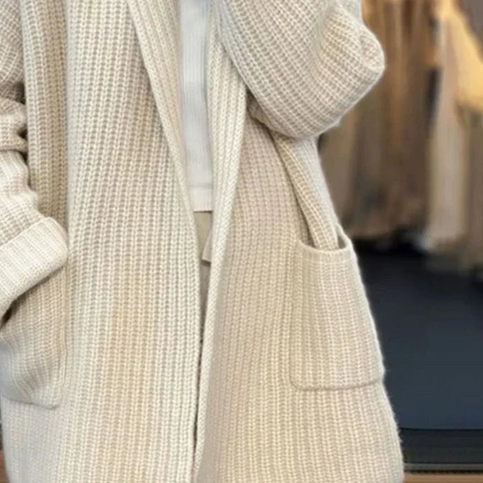 Chunky Ribbed Knit Cardigan for Women with Shawl Collar and Front Pockets in Cream, pocket detail