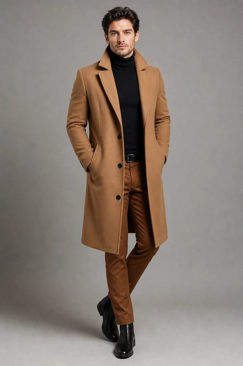 Sofaine Santiago tailored wool overcoat in camel, worn front view