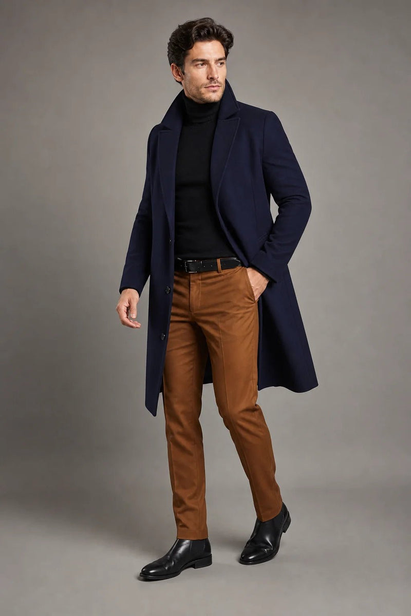 Sofaine Santiago tailored wool overcoat in navy blue, worn front view