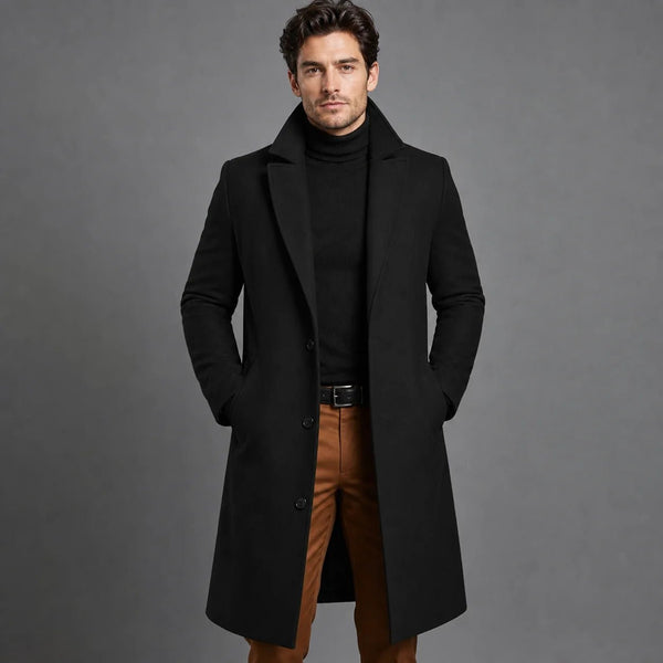 Sofaine Santiago tailored wool overcoat over a turtleneck in black, worn front view