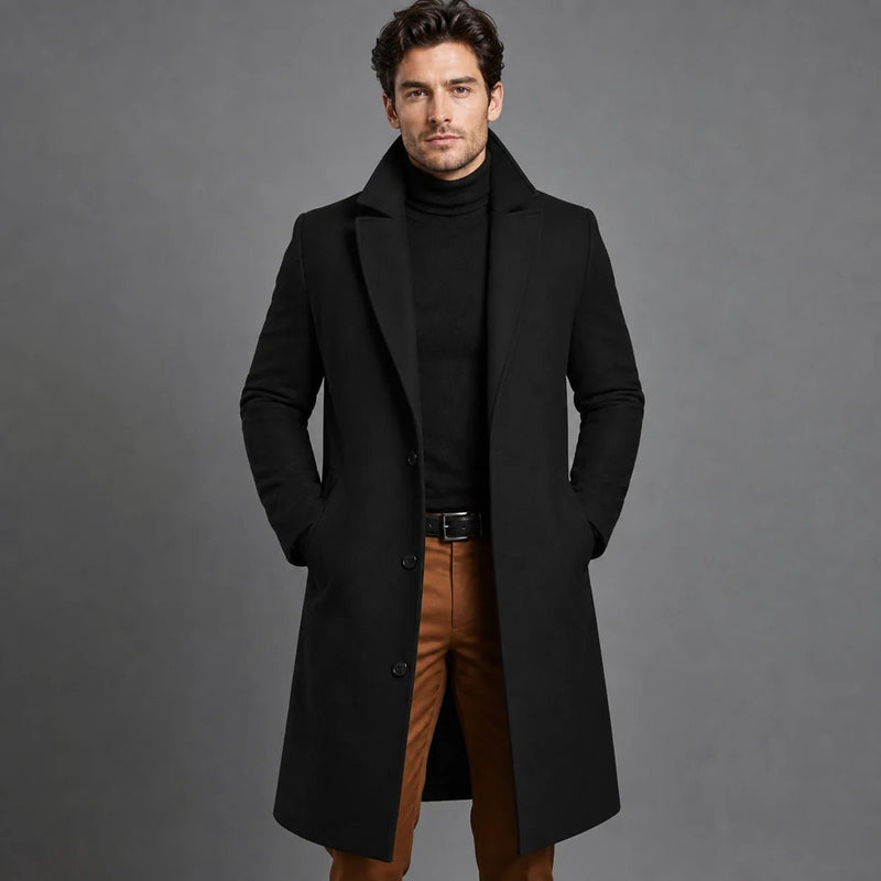 Sofaine Santiago tailored wool overcoat over a turtleneck in black, worn front view