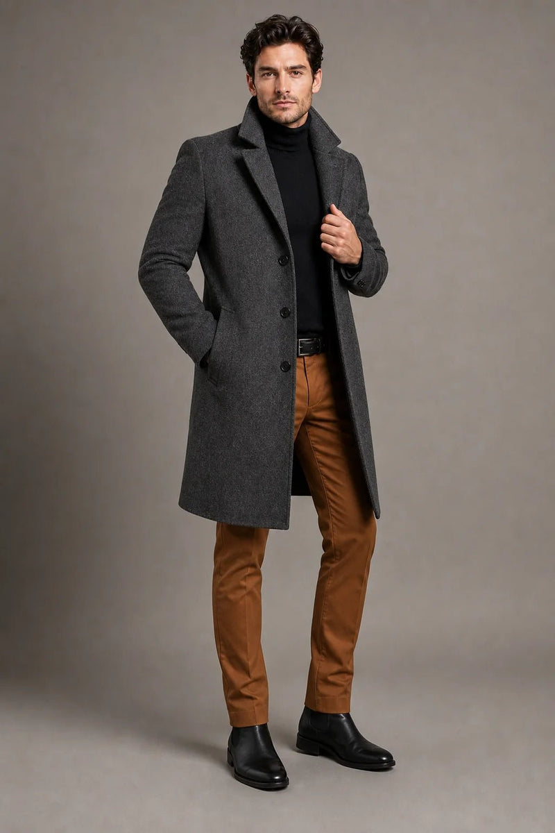 Sofaine Santiago tailored wool overcoat in charcoal gray, worn front view