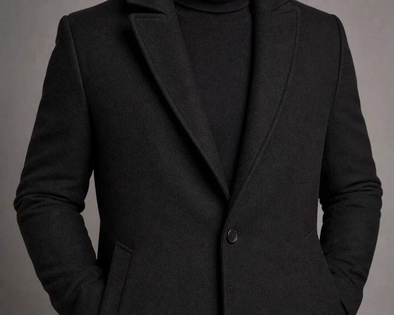 Sofaine Santiago wool overcoat in black, close-up of lapel and button fabric detail