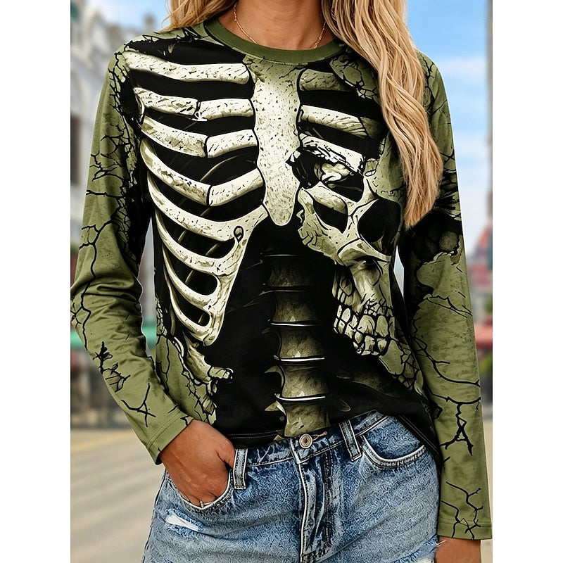 Halloween Skeleton Print Long Sleeve Top for Women with Crew Neck in Green, front view