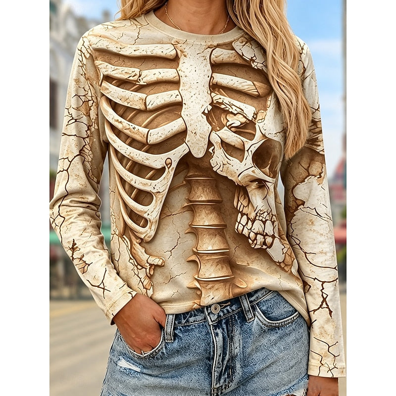 Halloween Skeleton Print Long Sleeve Top for Women with Crew Neck in Khaki, front view
