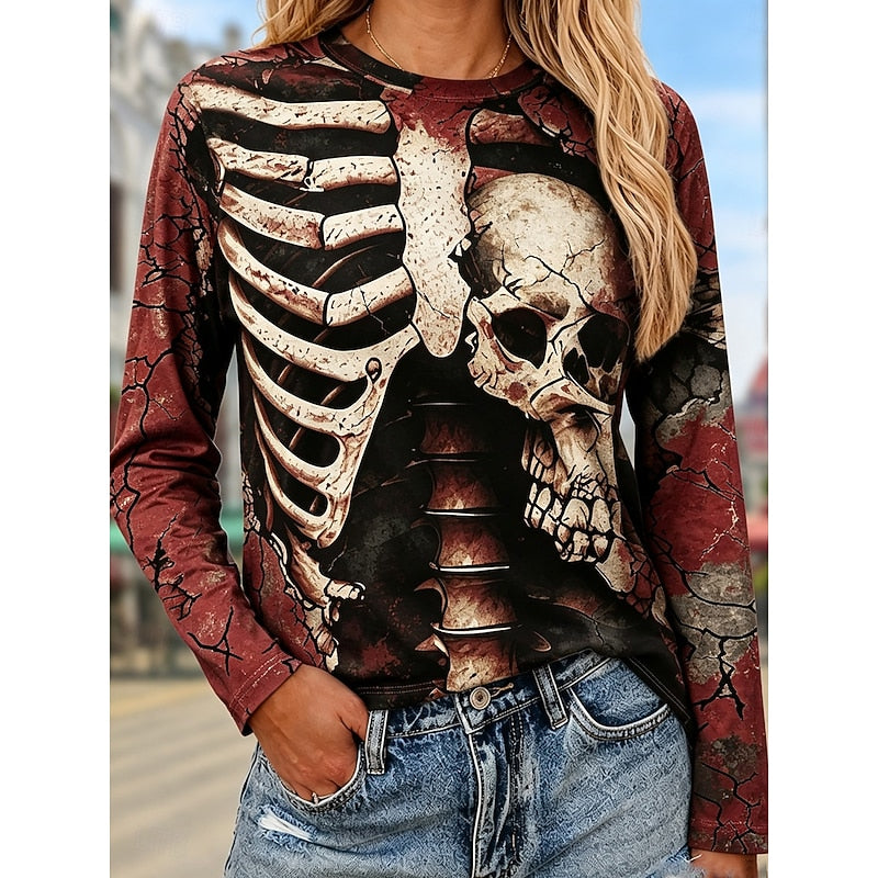 Halloween Skeleton Print Long Sleeve Top for Women with Crew Neck in Red, front view