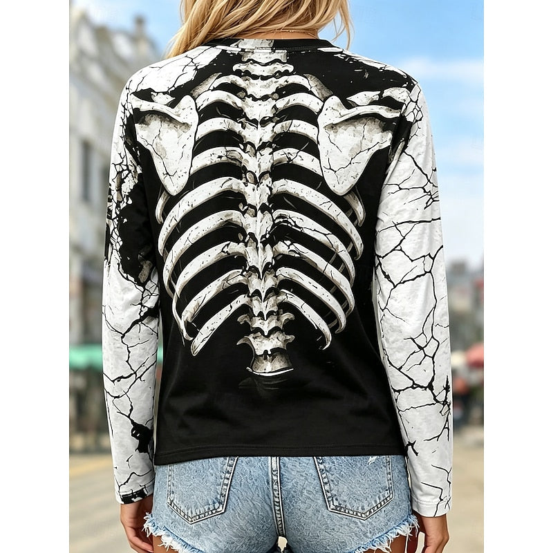 Halloween Skeleton Print Long Sleeve Top for Women with Crew Neck in White, back view