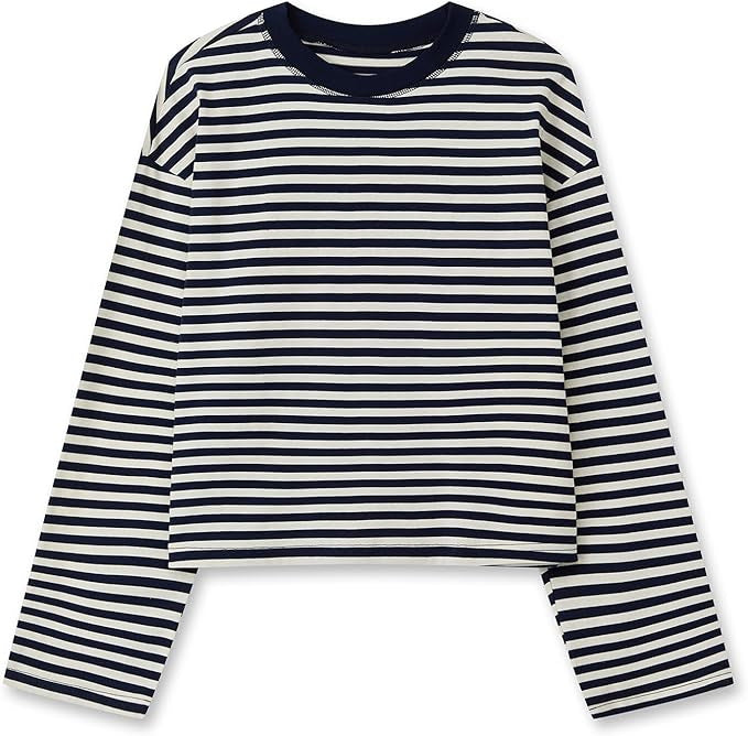 Boxy Long Sleeve Tee for Women with Drop Shoulders and Crew Neck in Black And White, flat lay