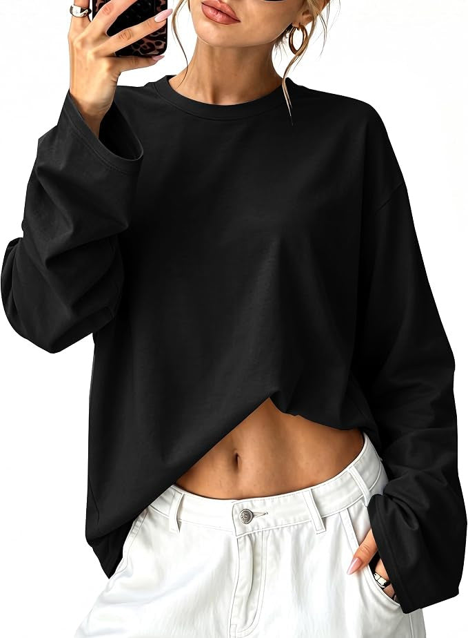 Boxy Long Sleeve Tee for Women with Drop Shoulders and Crew Neck in Black, front view