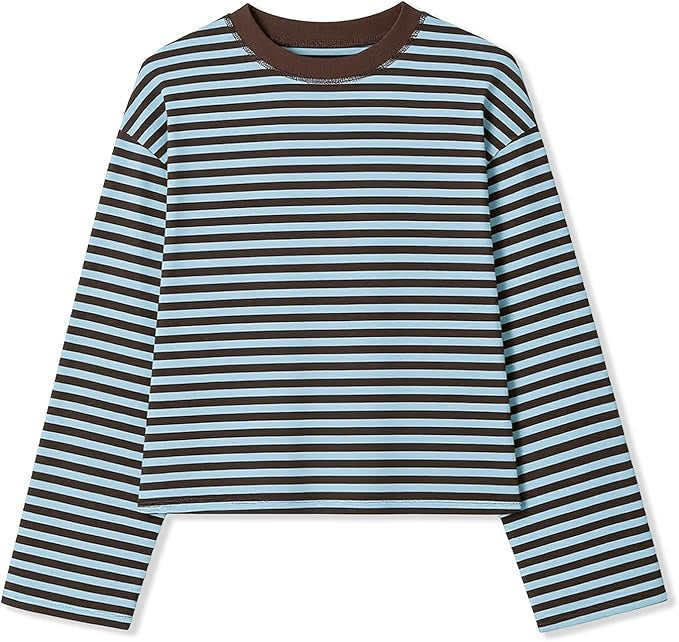 Boxy Long Sleeve Tee for Women with Drop Shoulders and Crew Neck in Blue, flat lay
