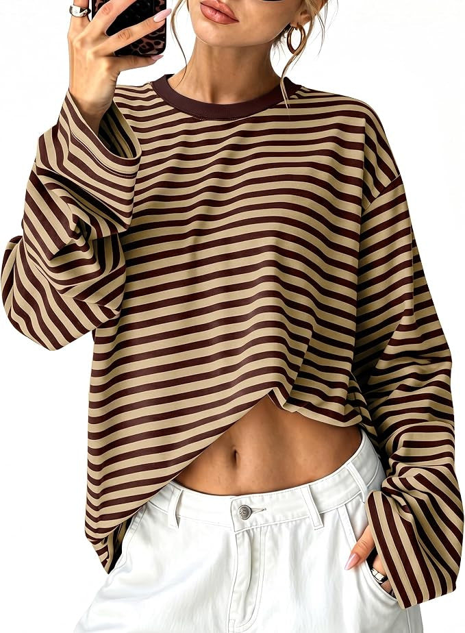 Boxy Long Sleeve Tee for Women with Drop Shoulders and Crew Neck in Brown, front view