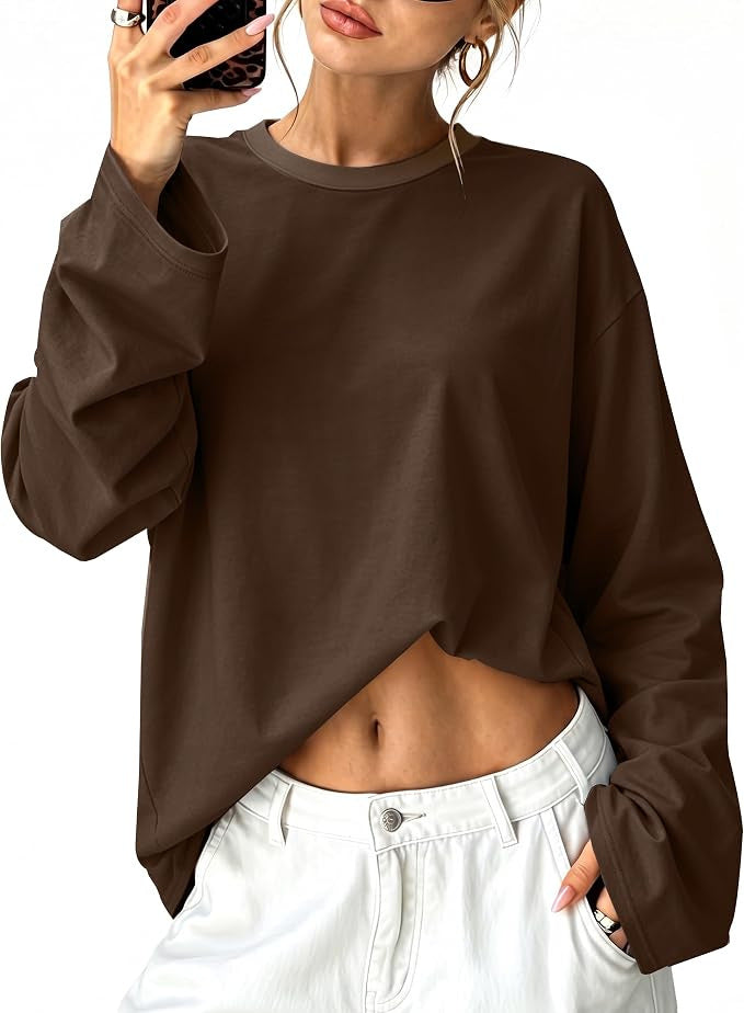 Boxy Long Sleeve Tee for Women with Drop Shoulders and Crew Neck in Dark Brown, front view