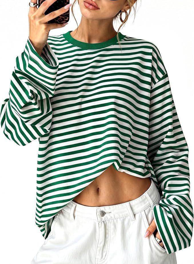 Boxy Long Sleeve Tee for Women with Drop Shoulders and Crew Neck in Emerald Green, front view