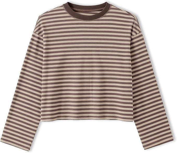 Boxy Long Sleeve Tee for Women with Drop Shoulders and Crew Neck in Khaki, flat lay